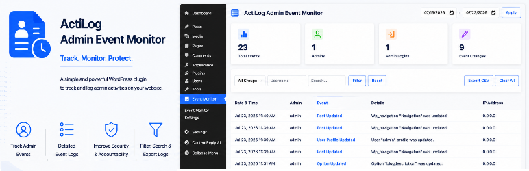 ActiLog Admin Event Monitor Preview Wordpress Plugin - Rating, Reviews, Demo & Download