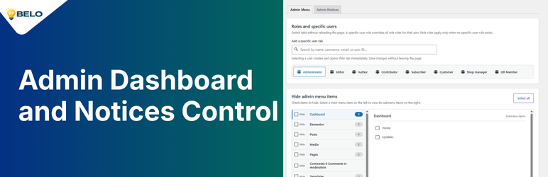 Admin Dashboard And Notices Control Preview Wordpress Plugin - Rating, Reviews, Demo & Download