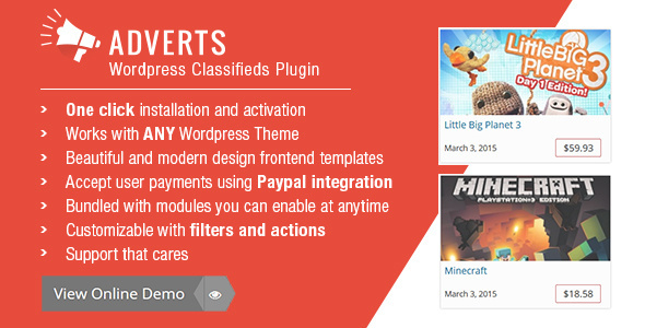 Adverts | WordPress Classifieds Plugin Preview - Rating, Reviews, Demo & Download