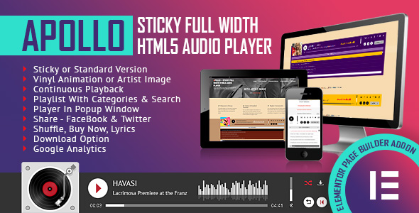Apollo – Sticky Full Width HTML5 Audio Player – Elementor Widget Addon Preview Wordpress Plugin - Rating, Reviews, Demo & Download