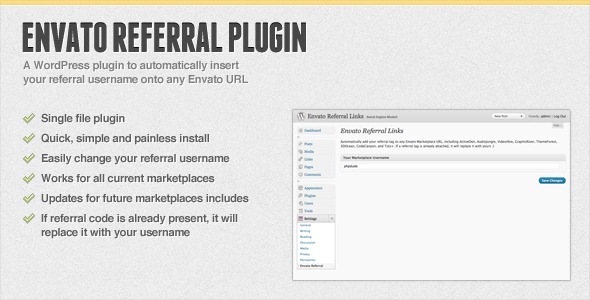 Automatic Envato Referral URL Wordpress Plugin Preview - Rating, Reviews, Demo & Download