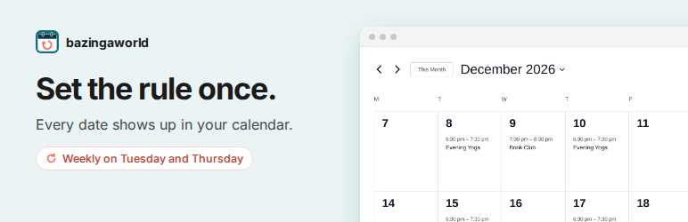Bazingaworld Recurring Events For The Events Calendar Preview Wordpress Plugin - Rating, Reviews, Demo & Download