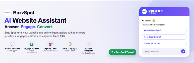 Buzzspot AI Chat Preview Wordpress Plugin - Rating, Reviews, Demo & Download