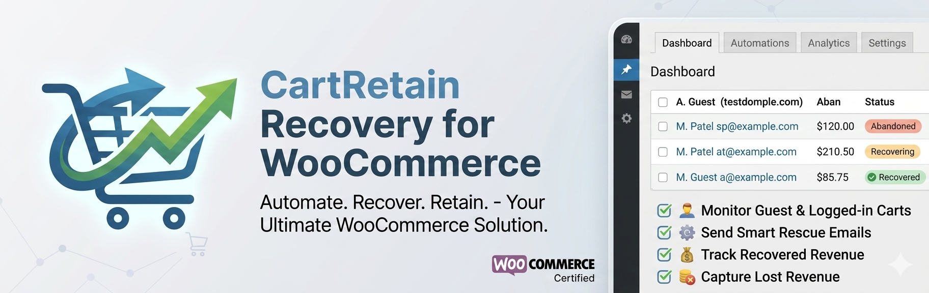 CartRetain Recovery For WooCommerce Preview Wordpress Plugin - Rating, Reviews, Demo & Download