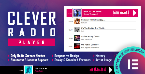 CLEVER – HTML5 Radio Player With History – Shoutcast And Icecast – Elementor Widget Addon Preview Wordpress Plugin - Rating, Reviews, Demo & Download