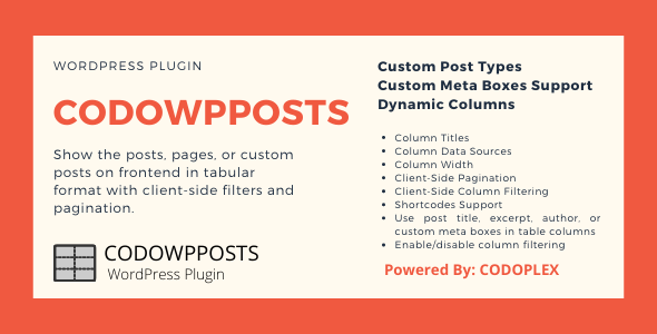 CODOWPPOSTS – Post Types In Tabular Format With Client-Side Column Filtering And Pagination Preview Wordpress Plugin - Rating, Reviews, Demo & Download