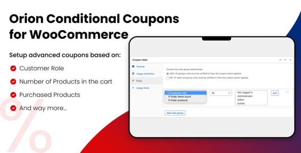 Conditional Coupons For WooCommerce By ORION Preview Wordpress Plugin - Rating, Reviews, Demo & Download