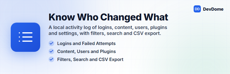 DevDome Activity Log: Track WordPress User Activity Preview - Rating, Reviews, Demo & Download