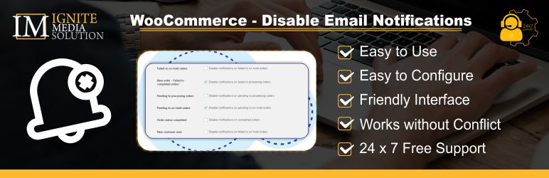 Disable Email Notifications For WooCommerce Preview Wordpress Plugin - Rating, Reviews, Demo & Download