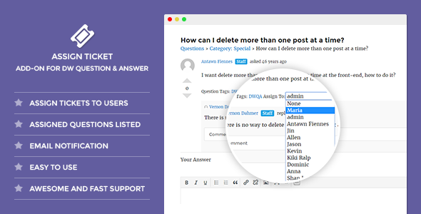 DW Q&A Assign Ticket Preview Wordpress Plugin - Rating, Reviews, Demo & Download