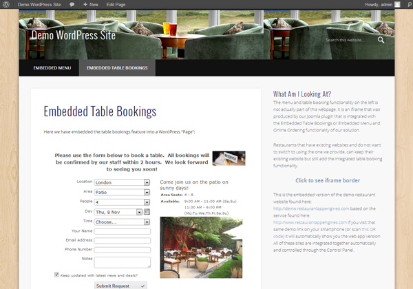 Embedded Table Bookings Preview Wordpress Plugin - Rating, Reviews, Demo & Download