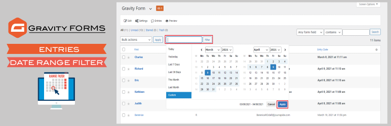 Entries Date Range Filter For Gravity Forms Preview Wordpress Plugin - Rating, Reviews, Demo & Download