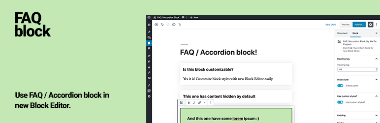 FAQ Accordion Block Preview Wordpress Plugin - Rating, Reviews, Demo & Download