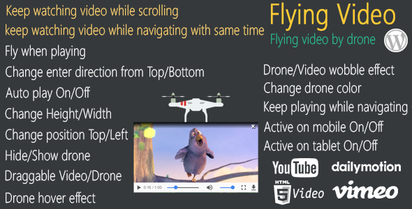 Flying Video Plugin for Wordpress – Keep Watching Video Flying By Drone While Scrolling/navigating Pages Preview - Rating, Reviews, Demo & Download