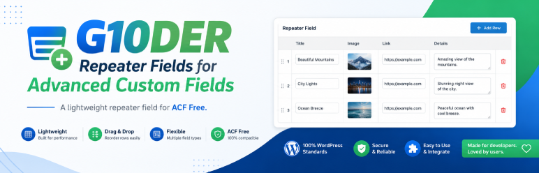 G10DER Repeater Fields For Advanced Custom Fields Preview Wordpress Plugin - Rating, Reviews, Demo & Download
