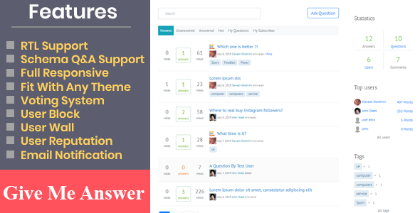 Give Me Answer – WordPress Q&A Forum Plugin Preview - Rating, Reviews, Demo & Download