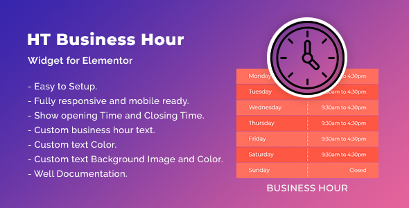 HT Business Hour Widget For Elementor Preview Wordpress Plugin - Rating, Reviews, Demo & Download