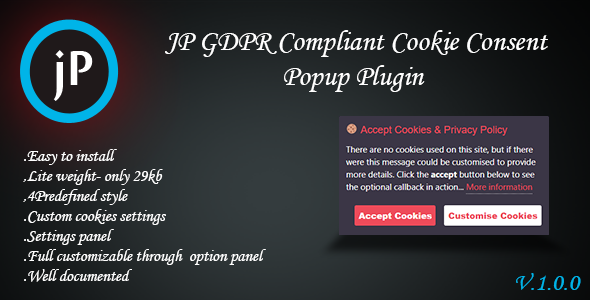 JP GDPR Compliant Cookie Consent Popup Plugin Preview - Rating, Reviews, Demo & Download