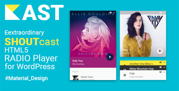 Kast – Extraordinary SHOUTcast HTML5 Radio Player Plugin for Wordpress – Material Design Preview - Rating, Reviews, Demo & Download