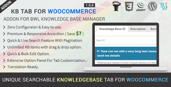 KB Tab For WooCommerce – Knowledge Base Addon Preview Wordpress Plugin - Rating, Reviews, Demo & Download