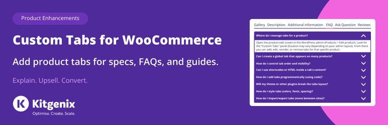 Kitgenix Custom Tabs For WooCommerce Preview Wordpress Plugin - Rating, Reviews, Demo & Download