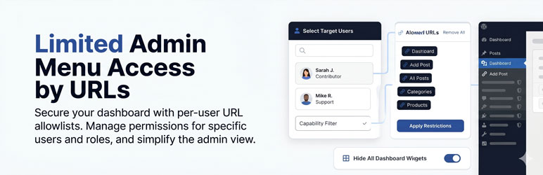 Limited Admin Menu Access By URLs Preview Wordpress Plugin - Rating, Reviews, Demo & Download