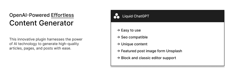 Liquid ChatGPT: OpenAI-Powered Effortless Content Creation Preview Wordpress Plugin - Rating, Reviews, Demo & Download