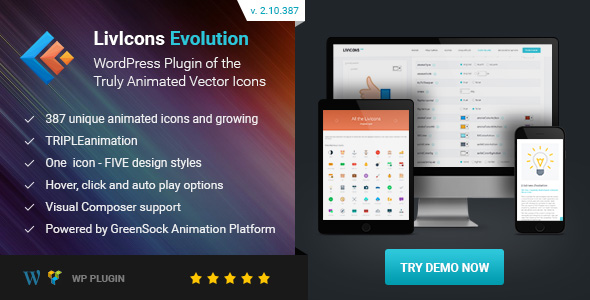 LivIcons Evolution Plugin for Wordpress – The Next Generation Of The Truly Animated Vector Icons Preview - Rating, Reviews, Demo & Download
