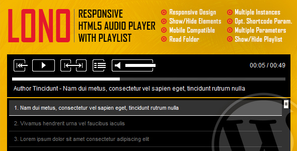 Lono – Responsive HTML5 Audio Player With Playlist WordPress Plugin Preview - Rating, Reviews, Demo & Download