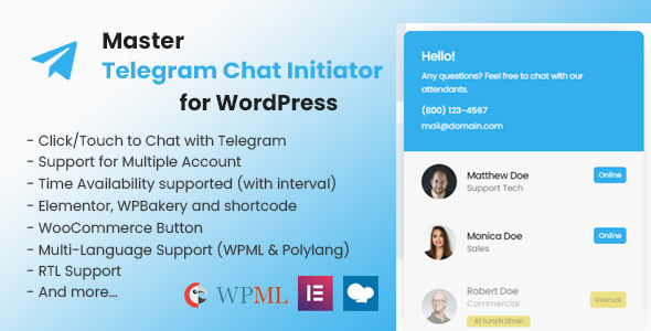 Master Telegram Chat Initiator Plugin for Wordpress Preview - Rating, Reviews, Demo & Download