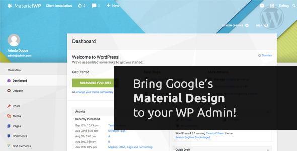 Material WP – Material Design Dashboard Theme Preview Wordpress Plugin - Rating, Reviews, Demo & Download