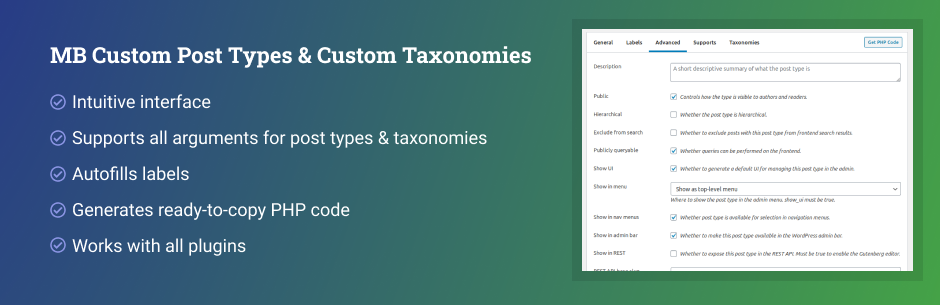 MB Custom Post Types & Custom Taxonomies Preview Wordpress Plugin - Rating, Reviews, Demo & Download