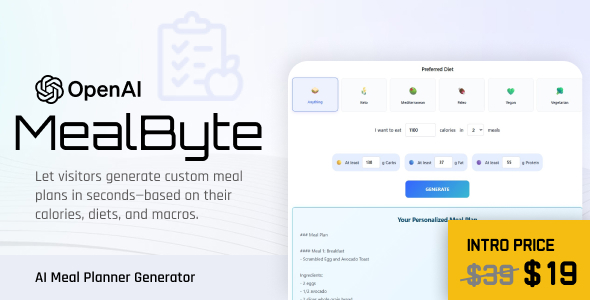 MealByte: AI Meal Planner Generator Preview Wordpress Plugin - Rating, Reviews, Demo & Download