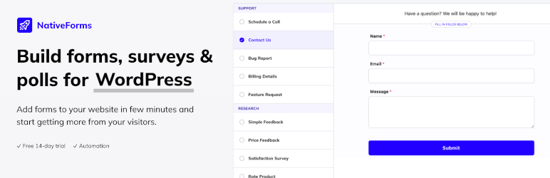 NativeForms – Contact, NPS, Payment, Feedback, Newsletter Forms Preview Wordpress Plugin - Rating, Reviews, Demo & Download