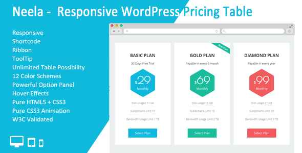 Neela – Responsive WordPress Pricing Table Preview - Rating, Reviews, Demo & Download