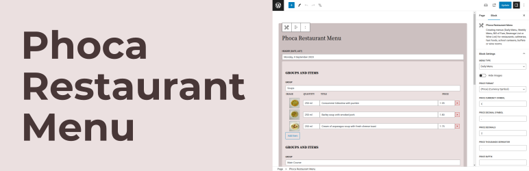 Phoca Restaurant Menu Groups Items Block Preview Wordpress Plugin - Rating, Reviews, Demo & Download