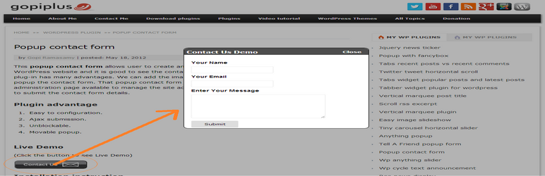 Popup Contact Form Preview Wordpress Plugin - Rating, Reviews, Demo & Download