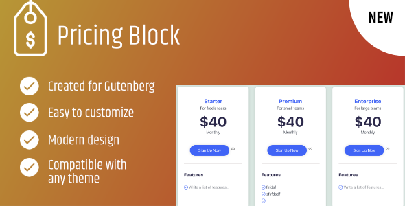 Pricing Block Preview Wordpress Plugin - Rating, Reviews, Demo & Download