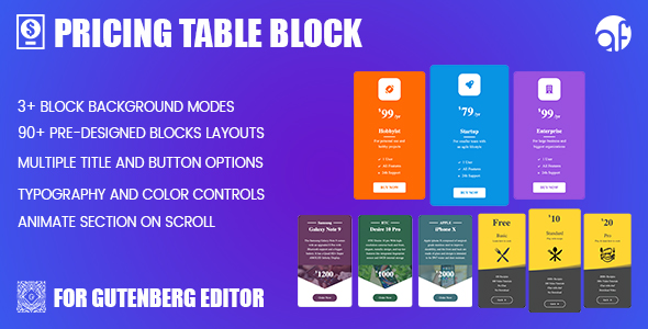 Pricing Table Block Pro Preview Wordpress Plugin - Rating, Reviews, Demo & Download