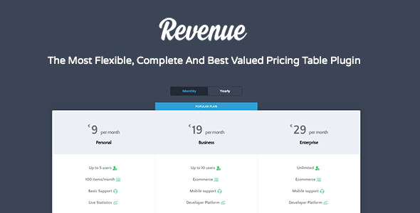 Pricing Table – Revenue Plugin Preview - Rating, Reviews, Demo & Download