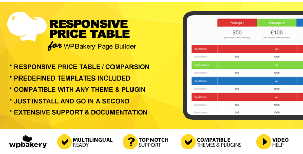 Responsive Price Table Addon For WPBakery Page Builder Preview Wordpress Plugin - Rating, Reviews, Demo & Download