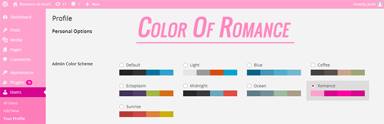 Romance Admin Color Scheme Preview Wordpress Plugin - Rating, Reviews, Demo & Download