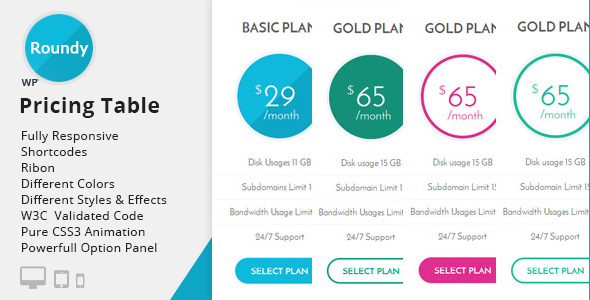 Roundy – Responsive WordPress Pricing Table Preview - Rating, Reviews, Demo & Download