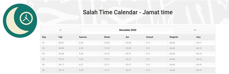 Salah Time Calendar Preview Wordpress Plugin - Rating, Reviews, Demo & Download