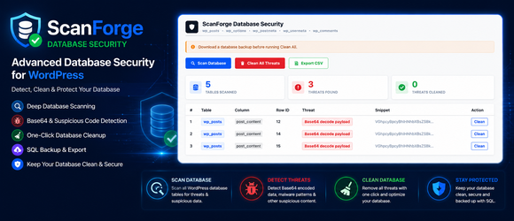 ScanForge Database Security Preview Wordpress Plugin - Rating, Reviews, Demo & Download