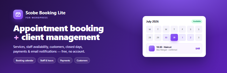 Scobe Booking Lite Preview Wordpress Plugin - Rating, Reviews, Demo & Download