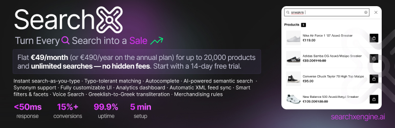 SearchX For WooCommerce Preview Wordpress Plugin - Rating, Reviews, Demo & Download