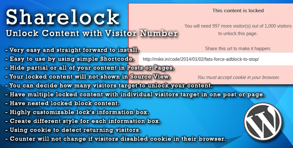 Sharelock: Unlock Content With Visitor Number Preview Wordpress Plugin - Rating, Reviews, Demo & Download