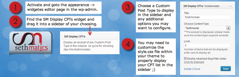 SM CPT Sidebar Widget Displays Preview Wordpress Plugin - Rating, Reviews, Demo & Download