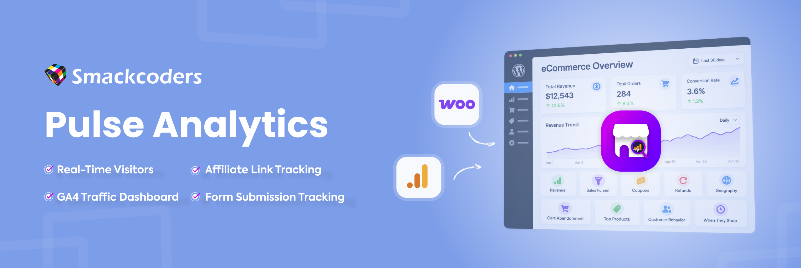 Smackcoders Pulse Analytics | Google Analytics 4 Dashboard Preview Wordpress Plugin - Rating, Reviews, Demo & Download